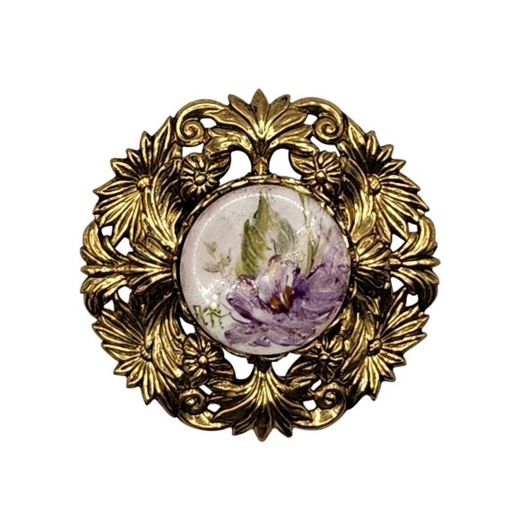 Vintage Hand Painted Porcelain Floral Brooch Gold Tone Filigree Setting 1.9" D - Picture 5 of 6